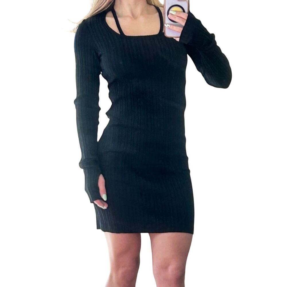 Helmut Lang Black Finest Rib Mini Dress Thumbholes XXS